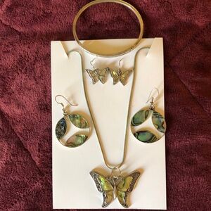 Vintage Abalone Mexican Alpaca Hinged Bracelet plus Earrings & Necklace